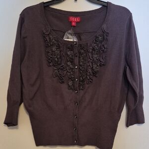 NWT Elle Womans Avenue Gray Button Up Sweater With Ruffle SZ XL